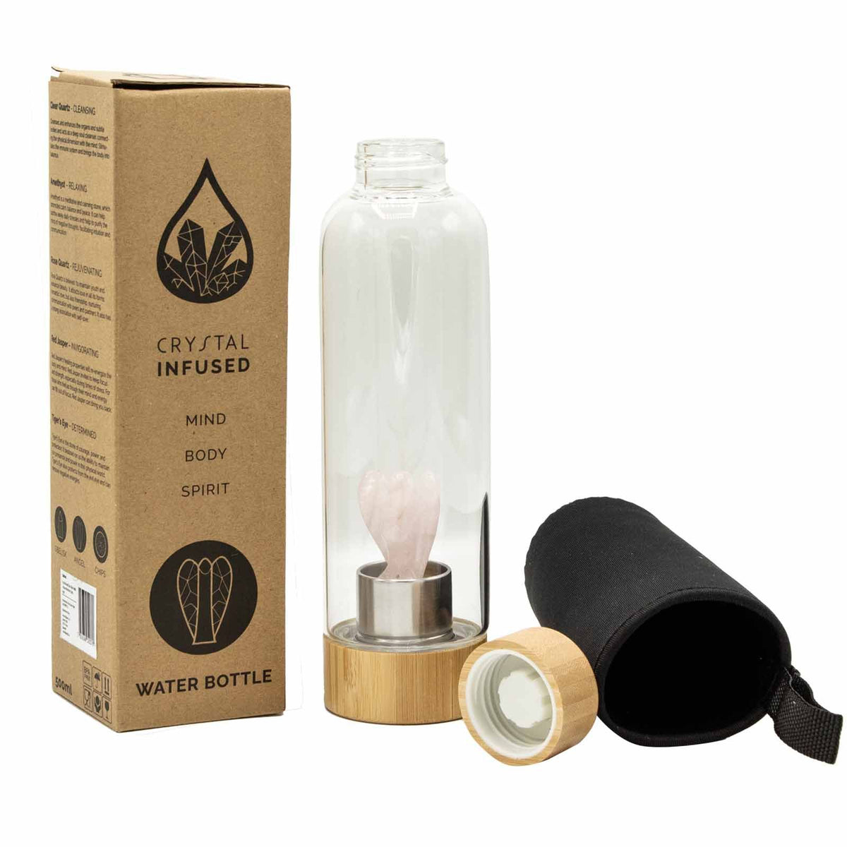 500 ml Crystal Infused Glass Water Bottle, Rejuvenating Rose Quartz - Angel, showing the distinctive design – crystal water bottle product image 1