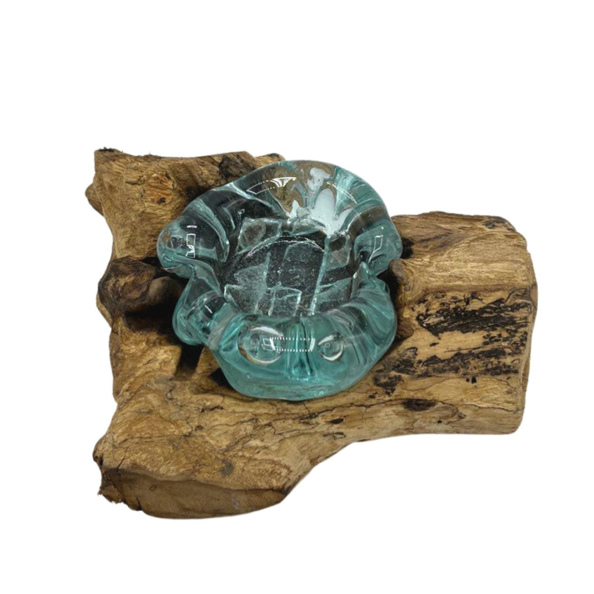 Molten Glass Single Candle Holder on Natural Wood Base, Handblown, showing the distinctive design – molten glass home decor product image 6