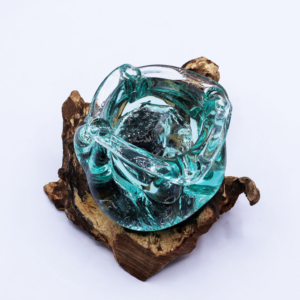 Molten Glass Heavy Duty Ashtray and Candle Holder on Natural Wood Base, showing the distinctive design – molten glass home decor product image 6