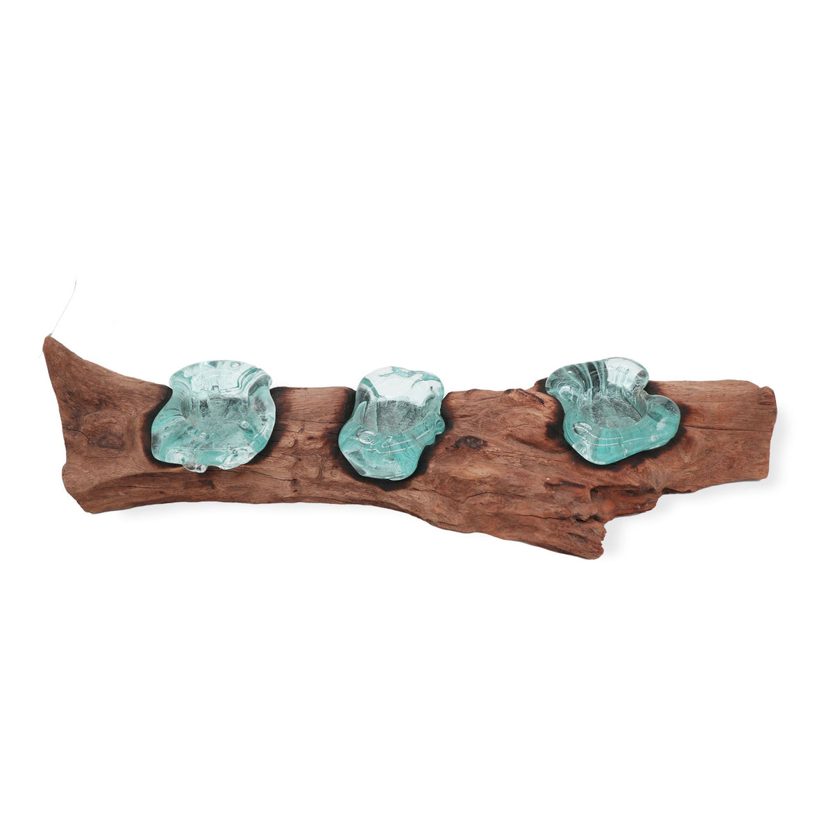 Triple Molten Glass Candle Holder on Natural Wood Base, Artisan Home, showing the distinctive design – molten glass home decor product image 4
