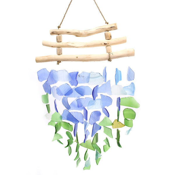 Three-String Recycled Glass Wind Chime, Blue and Green, showing the distinctive design – recycled glass wind chime product image 1