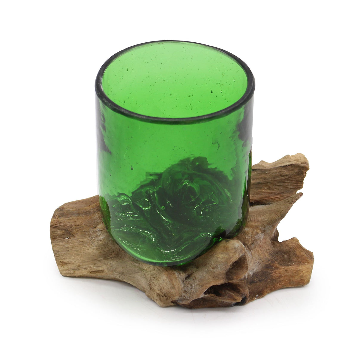 Recycled Glass Beer Glass on Wood on Natural Wood, showing the distinctive design – recycled glass decor product image 1
