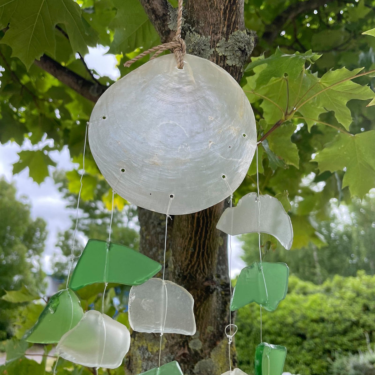 Green and White Glass Recycled Glass Drop Wind Chime, showing the distinctive design – recycled glass wind chime product image 4
