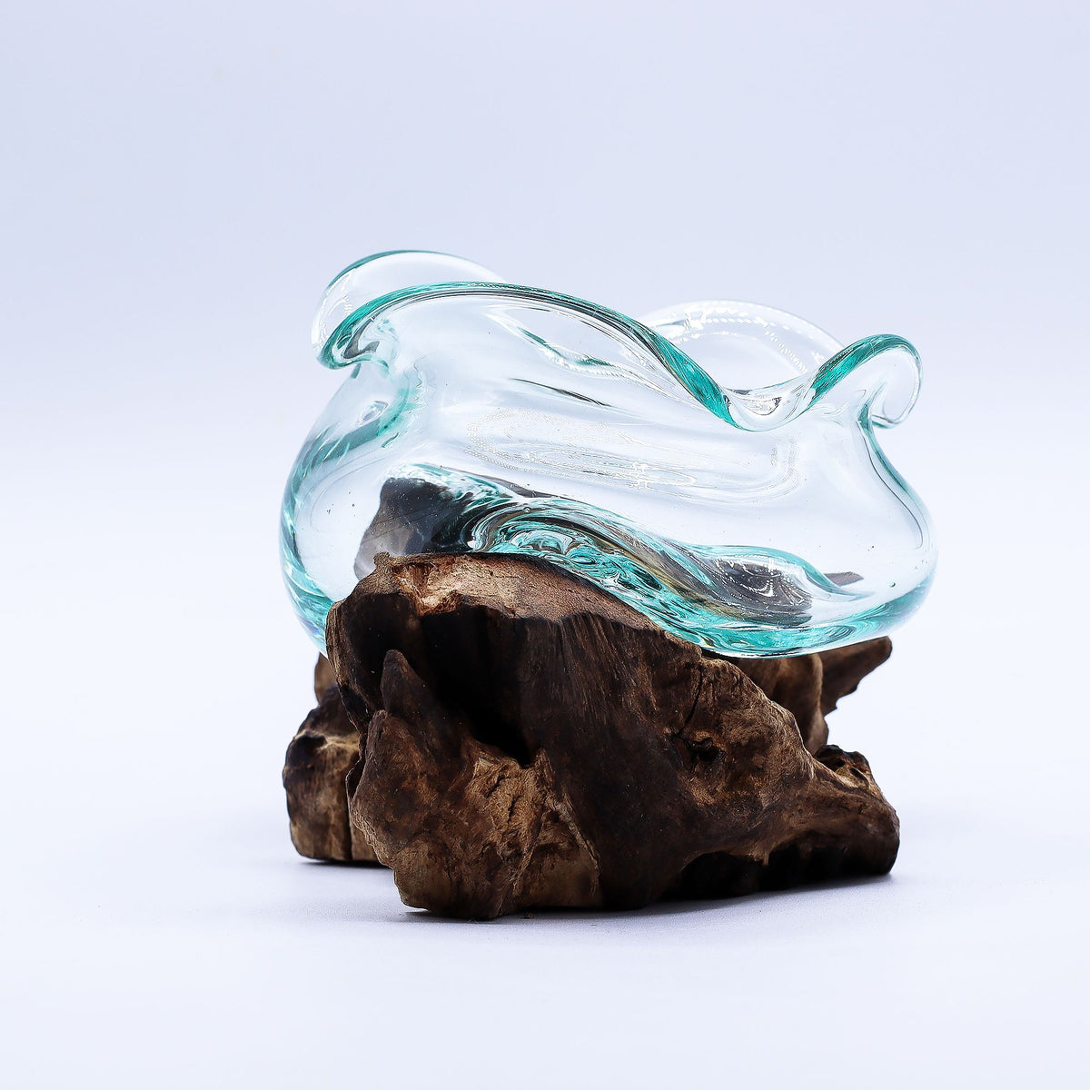 Molten Glass Wavy Bowl on Natural Wood Base (18 cm), Handblown, showing the distinctive design – molten glass home decor product image 1