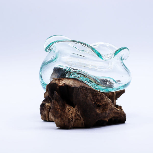 Molten Glass Wavy Bowl on Natural Wood Base (18 cm), Handblown, showing the distinctive design – molten glass home decor product image 1
