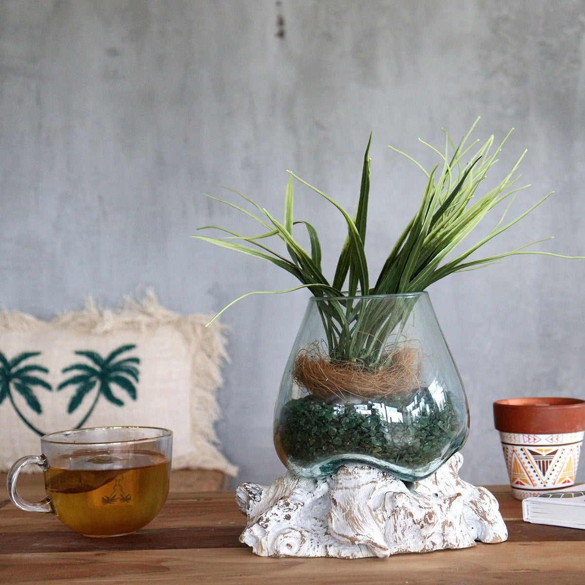 Small Molten Glass Decorative Bowl on Whitewashed Wood product image 3, showing the distinctive design and materials