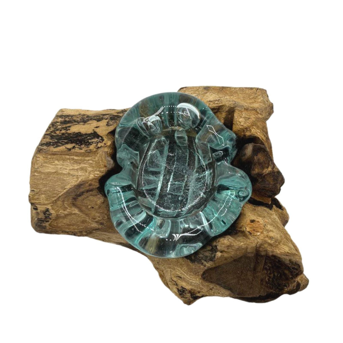 Molten Glass Single Candle Holder on Natural Wood Base, Handblown, showing the distinctive design – molten glass home decor product image 3