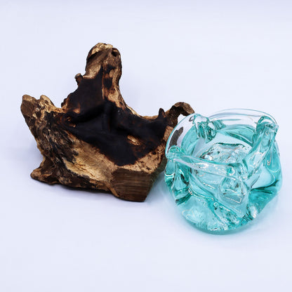 Molten Glass Heavy Duty Ashtray and Candle Holder on Natural Wood Base, showing the distinctive design – molten glass home decor product image 7