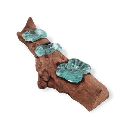 Triple Molten Glass Candle Holder on Natural Wood Base, Artisan Home, showing the distinctive design – molten glass home decor product image 5