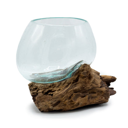 Medium Molten Glass Decorative Bowl on Natural Wood Base product image 1, showing the distinctive design and materials