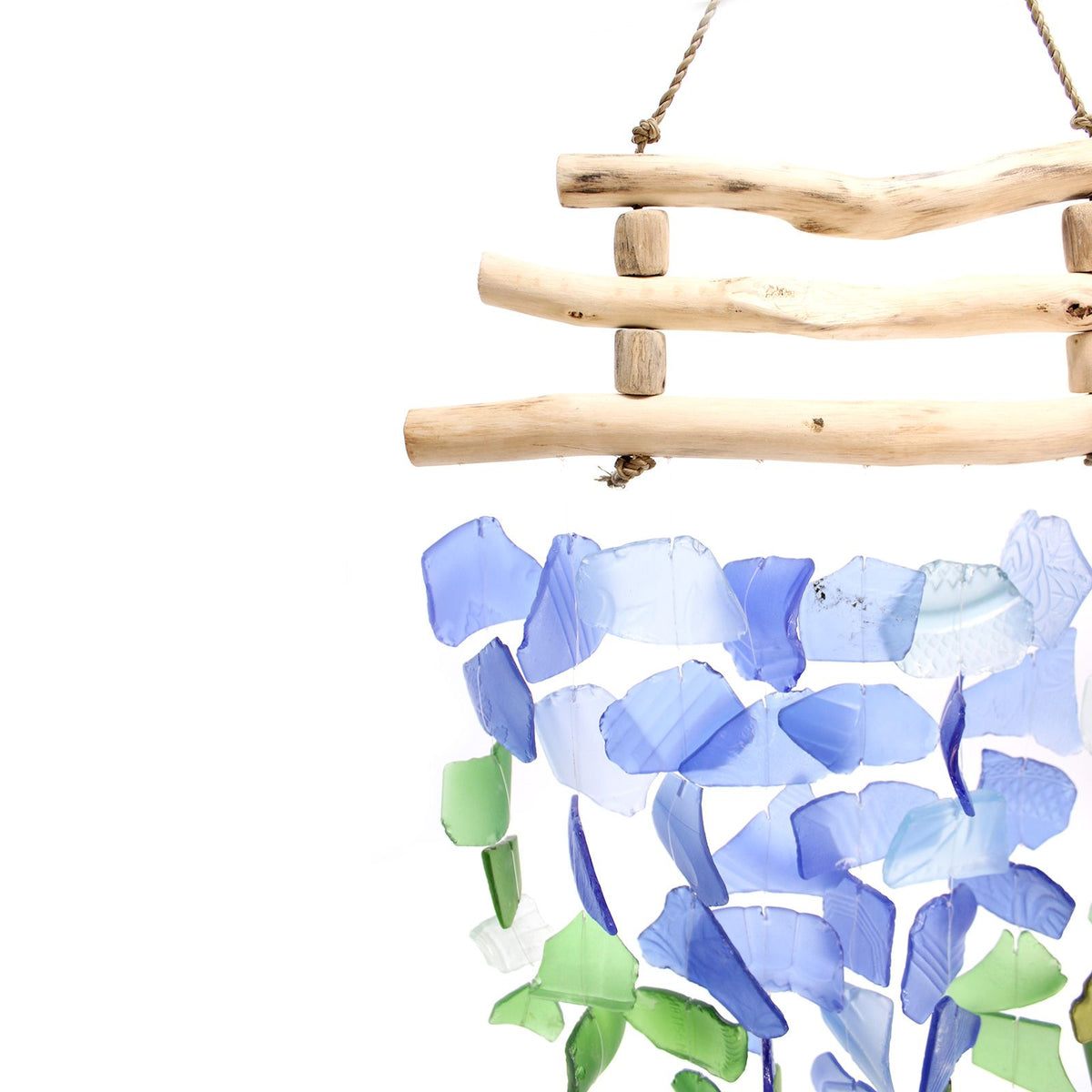 Three-String Recycled Glass Wind Chime, Blue and Green, showing the distinctive design – recycled glass wind chime product image 2