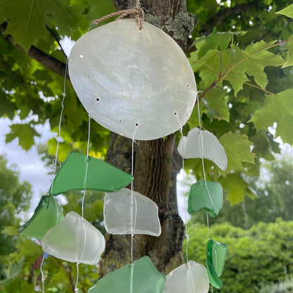 Green and White Glass Recycled Glass Drop Wind Chime, showing the distinctive design – recycled glass wind chime product image 6