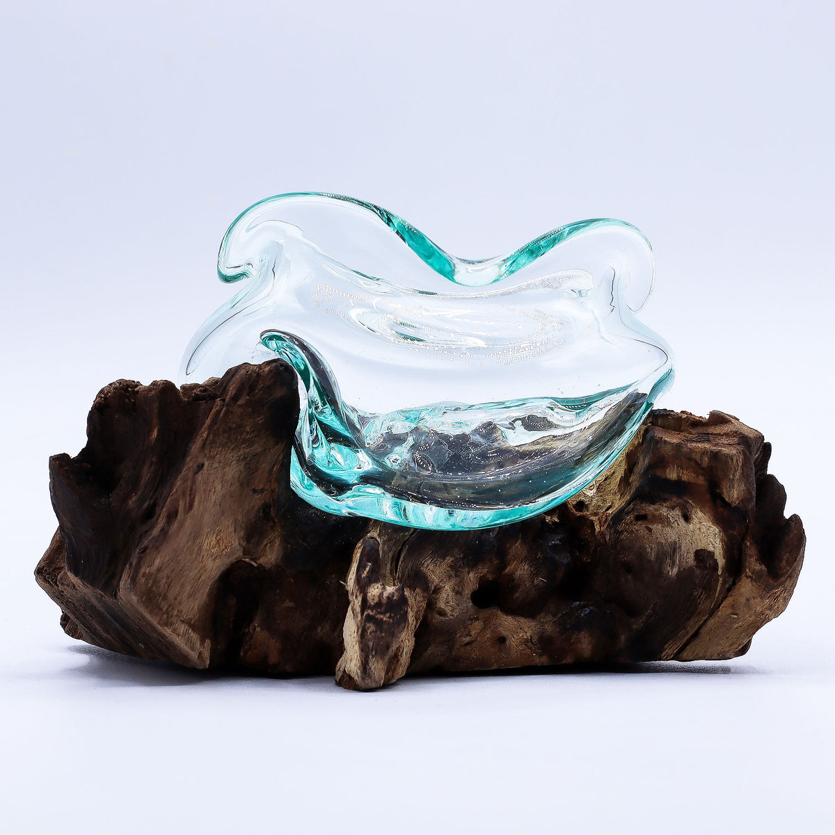 Molten Glass Wavy Bowl on Natural Wood Base (18 cm), Handblown, showing the distinctive design – molten glass home decor product image 4