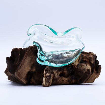 Molten Glass Wavy Bowl on Natural Wood Base (18 cm), Handblown, showing the distinctive design – molten glass home decor product image 4