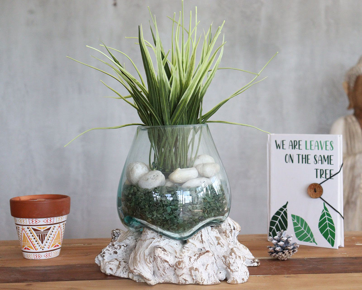 Small Molten Glass Decorative Bowl on Whitewashed Wood product image 2, showing the distinctive design and materials