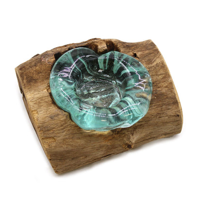 Molten Glass Single Candle Holder on Natural Wood Base, Handblown, showing the distinctive design – molten glass home decor product image 4