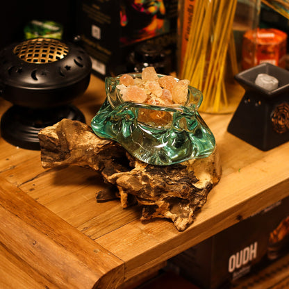 Molten Glass Heavy Duty Ashtray and Candle Holder on Natural Wood Base, showing the distinctive design – molten glass home decor product image 8