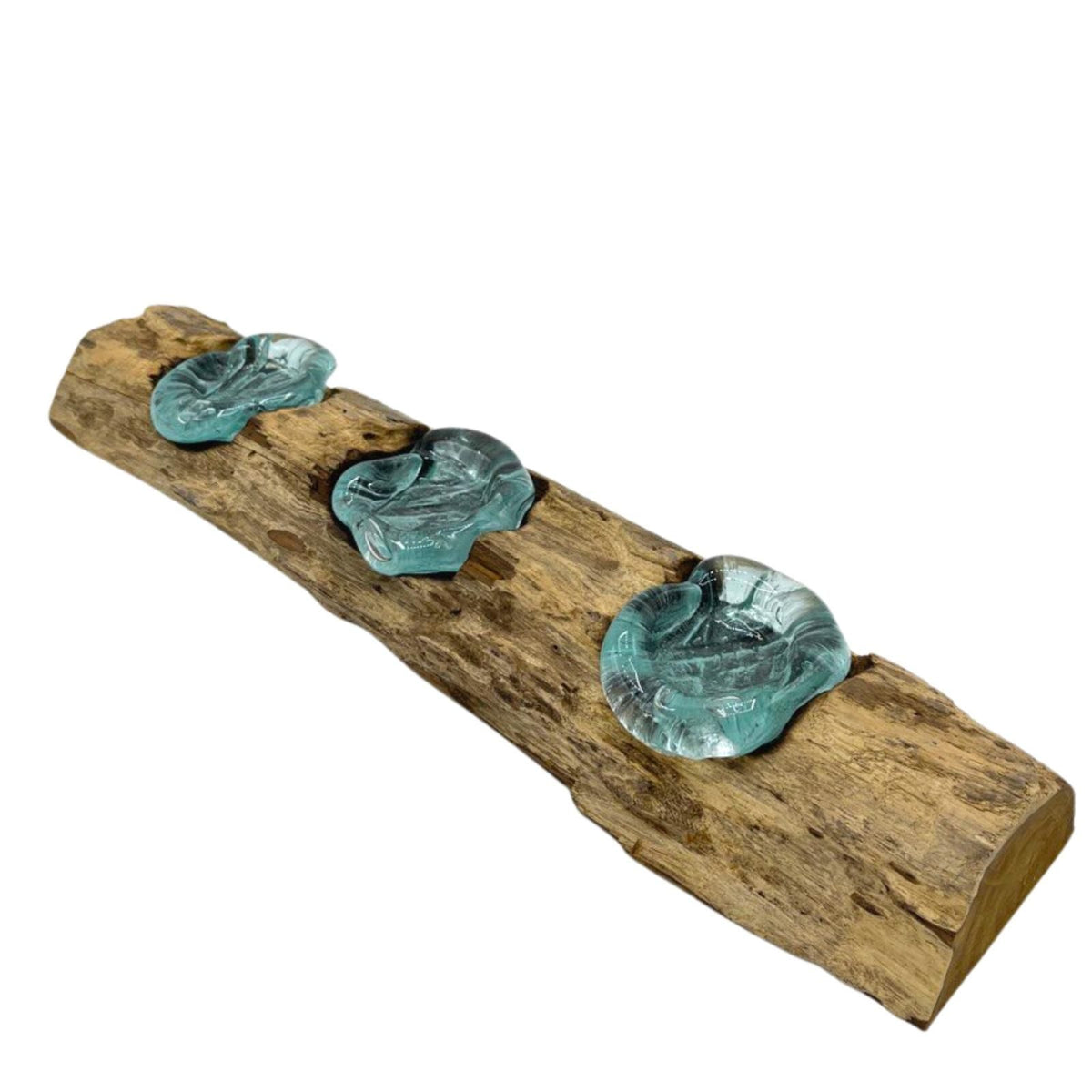 Triple Molten Glass Candle Holder on Natural Wood Base, Artisan Home, showing the distinctive design – molten glass home decor product image 3
