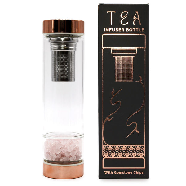 Crystal Glass Tea Infuser Bottle, Rose Gold - Rose Quartz, showing the distinctive design – glass tea infuser bottle product image 1