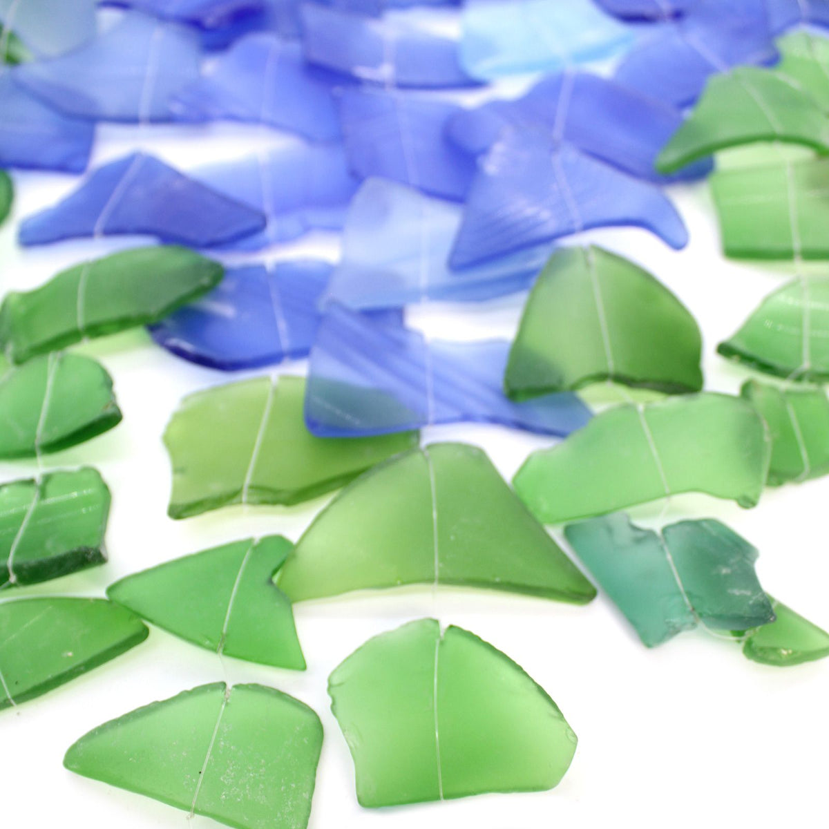 Three-String Recycled Glass Wind Chime, Blue and Green, showing the distinctive design – recycled glass wind chime product image 4
