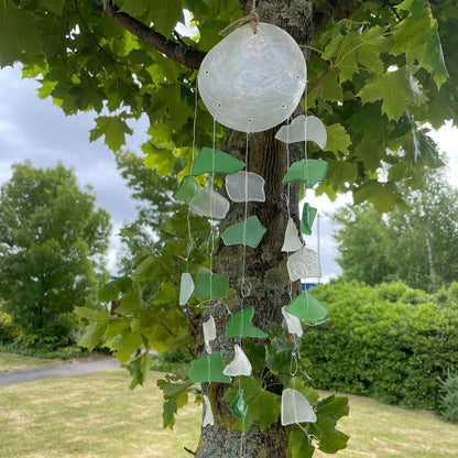 Green and White Glass Recycled Glass Drop Wind Chime, showing the distinctive design – recycled glass wind chime product image 5
