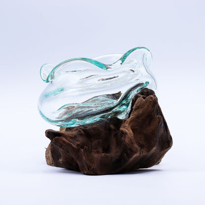 Molten Glass Wavy Bowl on Natural Wood Base (18 cm), Handblown, showing the distinctive design – molten glass home decor product image 5