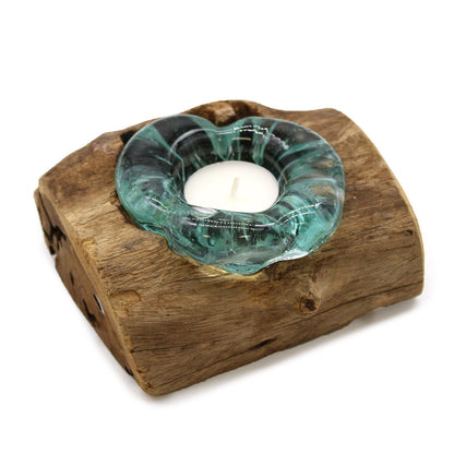 Molten Glass Single Candle Holder on Natural Wood Base, Handblown, showing the distinctive design – molten glass home decor product image 2