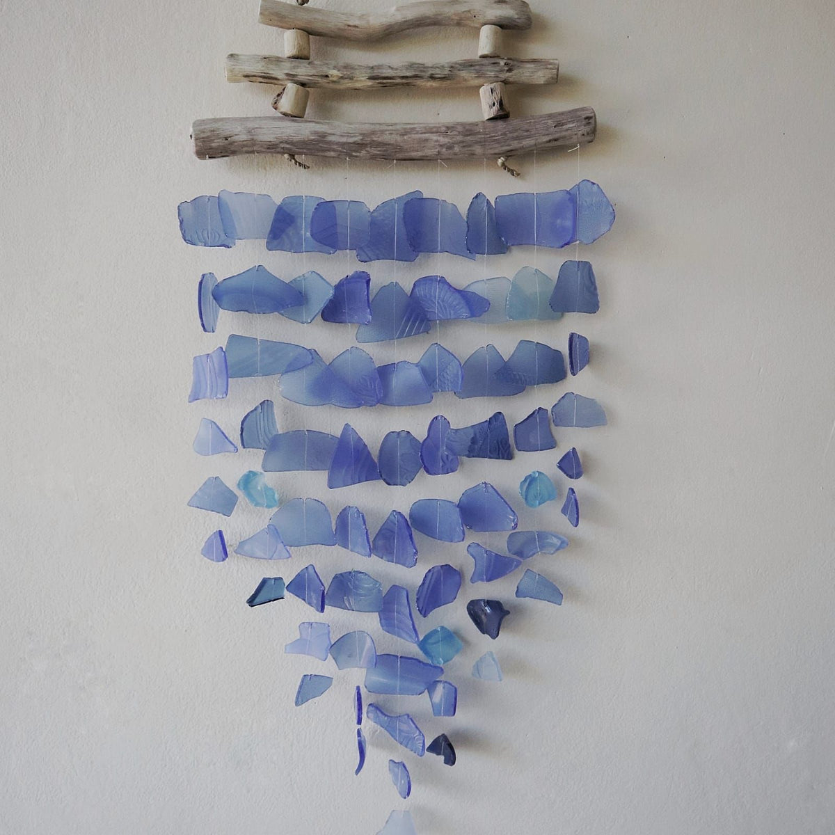 Three-String Recycled Glass Wind Chime, All Blues, showing the distinctive design – recycled glass wind chime product image 3