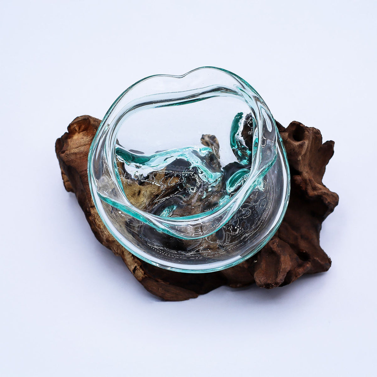 Molten Glass Wavy Bowl on Natural Wood Base (18 cm), Handblown, showing the distinctive design – molten glass home decor product image 6
