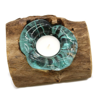 Molten Glass Single Candle Holder on Natural Wood Base, Handblown, showing the distinctive design – molten glass home decor product image 5