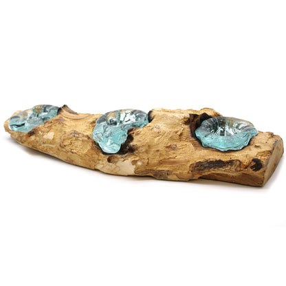 Triple Molten Glass Candle Holder on Natural Wood Base, Artisan Home, showing the distinctive design – molten glass home decor product image 9