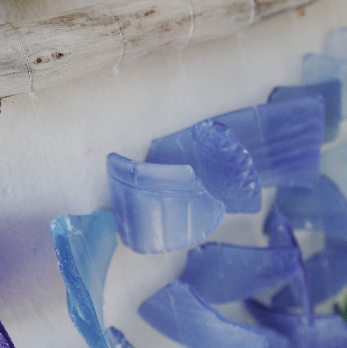 Three-String Recycled Glass Wind Chime, All Blues, showing the distinctive design – recycled glass wind chime product image 2