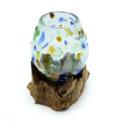 Molten Coloured Glass on Wood, Medium Bowl, showing the distinctive design – molten glass home decor product image 2