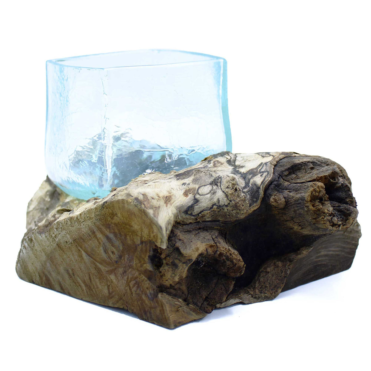 Molten Crackle Glass Vessel on Gamal Wood Base, Handblown Glass, showing the distinctive design – molten glass home decor product image 2