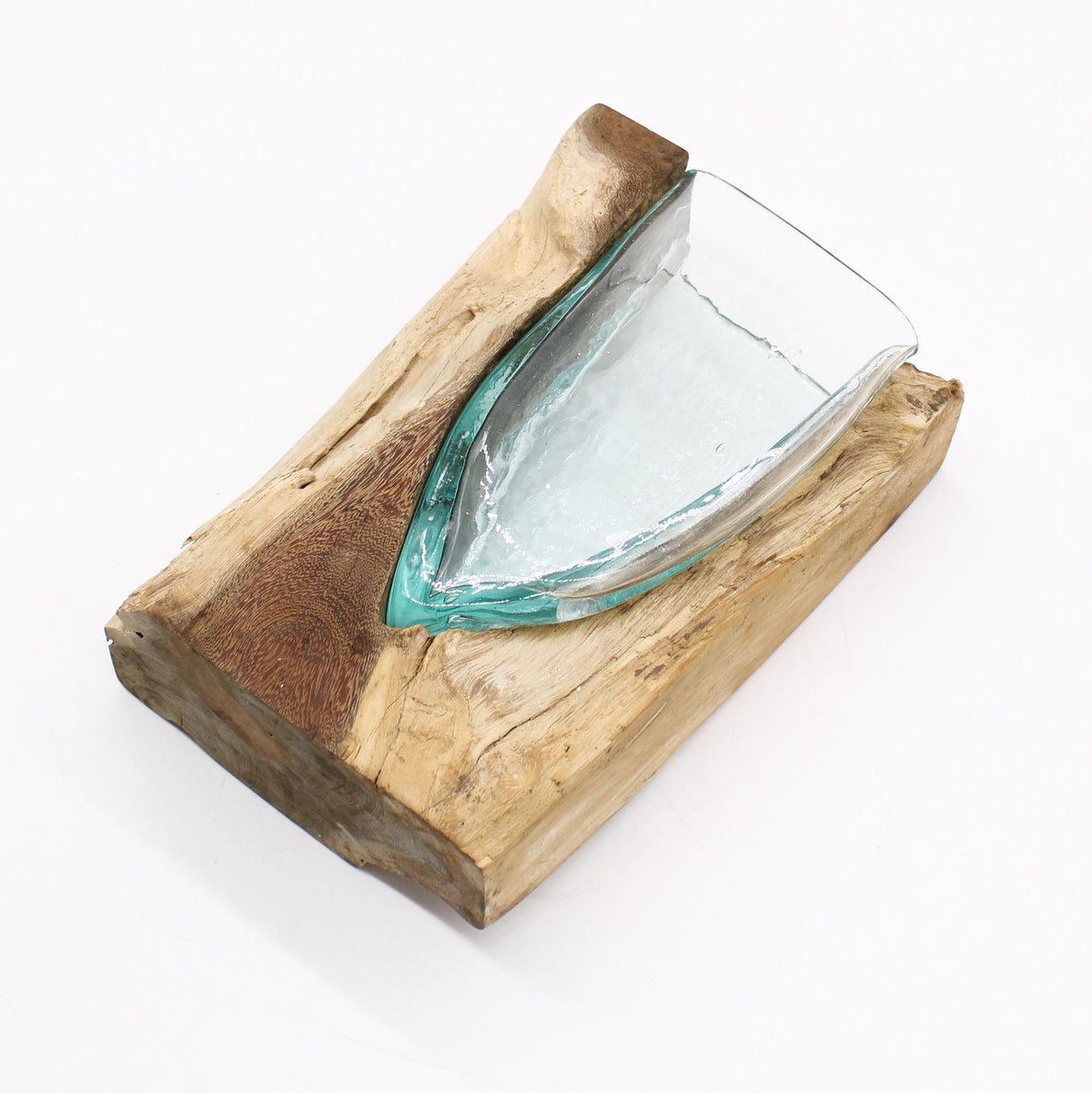 Molten Glass V-Shaped Art Vase on Natural Wood Base, Handblown, showing the distinctive design – molten glass home decor product image 5