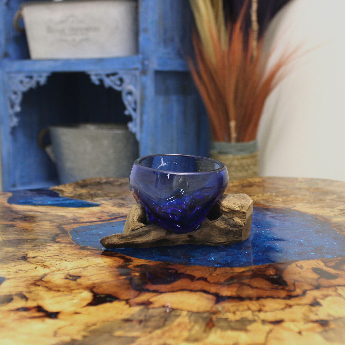Ocean Blue Molten Glass Mini Bowl on Wood Base, Artisan Decorative, showing the distinctive design – molten glass home decor product image 2