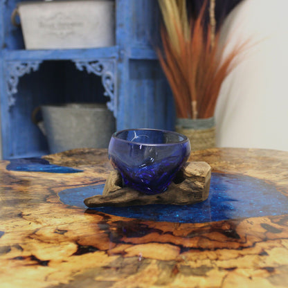 Ocean Blue Molten Glass Mini Bowl on Wood Base, Artisan Decorative, showing the distinctive design – molten glass home decor product image 2