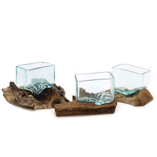 Small Molten Glass Decorative Bowl on Wood Stand product image 1, showing the distinctive design and materials