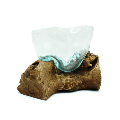 Freeform Molten Glass Bowl on Natural Wood Base, Artisan Decorative, showing the distinctive design – molten glass home decor product image 3