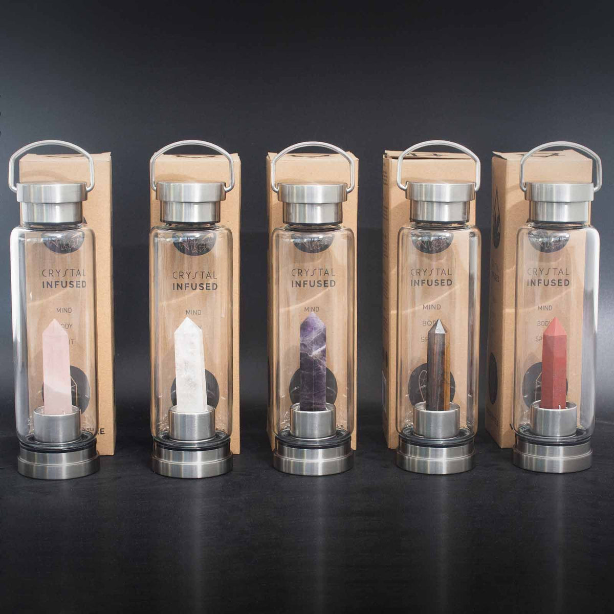 500 ml Crystal Infused Glass Water Bottle, Clear Quartz - Obelisk, showing the distinctive design – crystal water bottle product image 1