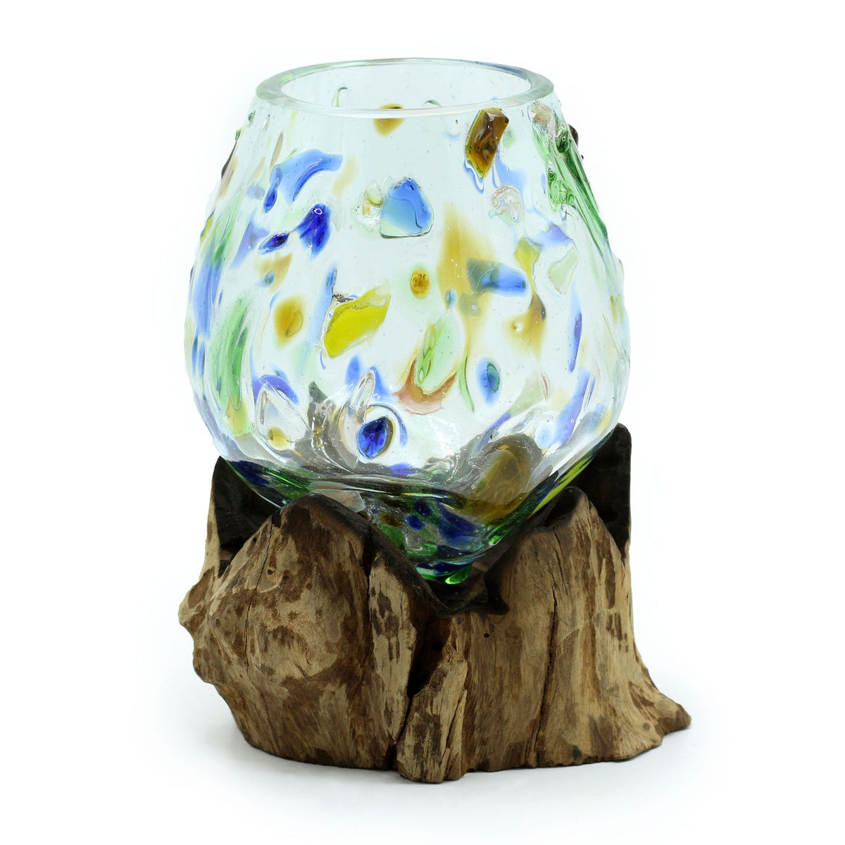Molten Coloured Glass on Wood, Medium Bowl, showing the distinctive design – molten glass home decor product image 1