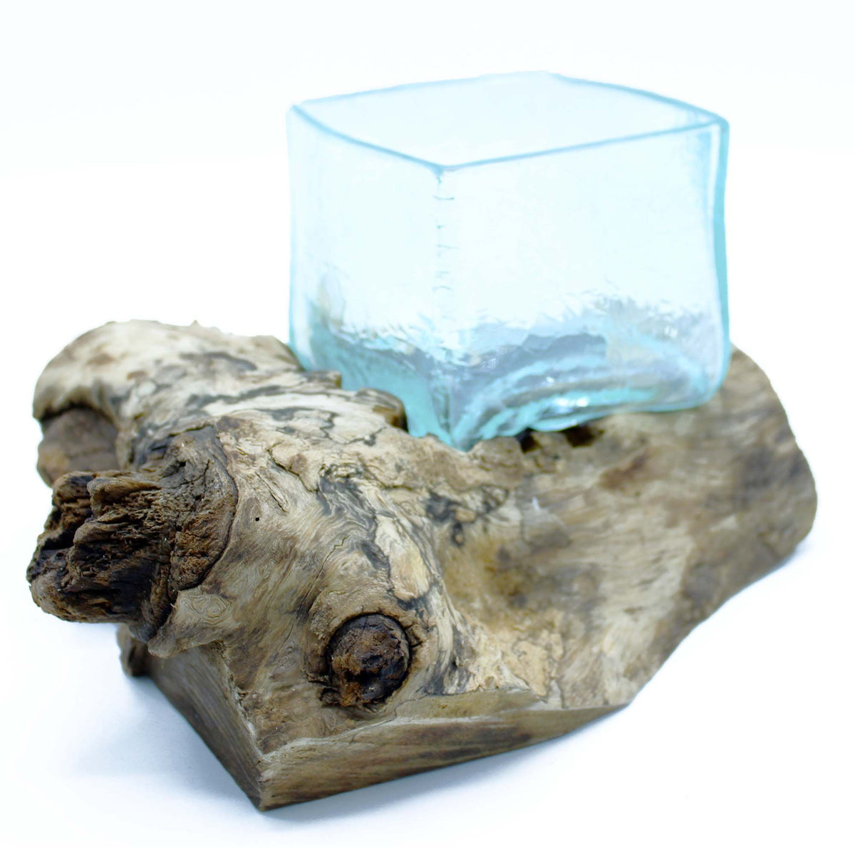Molten Crackle Glass Vessel on Gamal Wood Base, Handblown Glass, showing the distinctive design – molten glass home decor product image 3