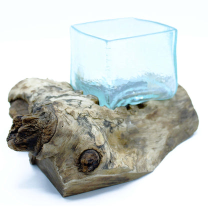 Molten Crackle Glass Vessel on Gamal Wood Base, Handblown Glass, showing the distinctive design – molten glass home decor product image 3