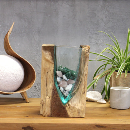 Molten Glass V-Shaped Art Vase on Natural Wood Base, Handblown, showing the distinctive design – molten glass home decor product image 3