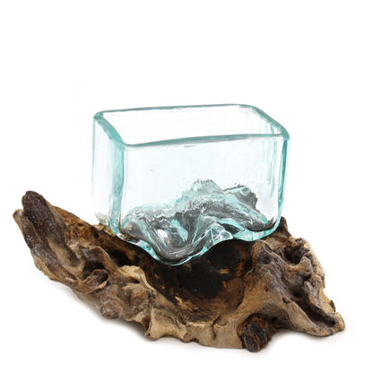 Small Molten Glass Decorative Bowl on Wood Stand product image 2, showing the distinctive design and materials