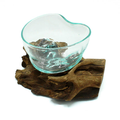 Freeform Molten Glass Bowl on Natural Wood Base, Artisan Decorative, showing the distinctive design – molten glass home decor product image 2