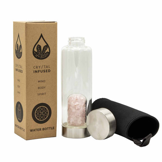 500 ml Crystal Infused Glass Water Bottle, Rejuvenating Rose Quartz - Chips, showing the distinctive design – crystal water bottle product image 1