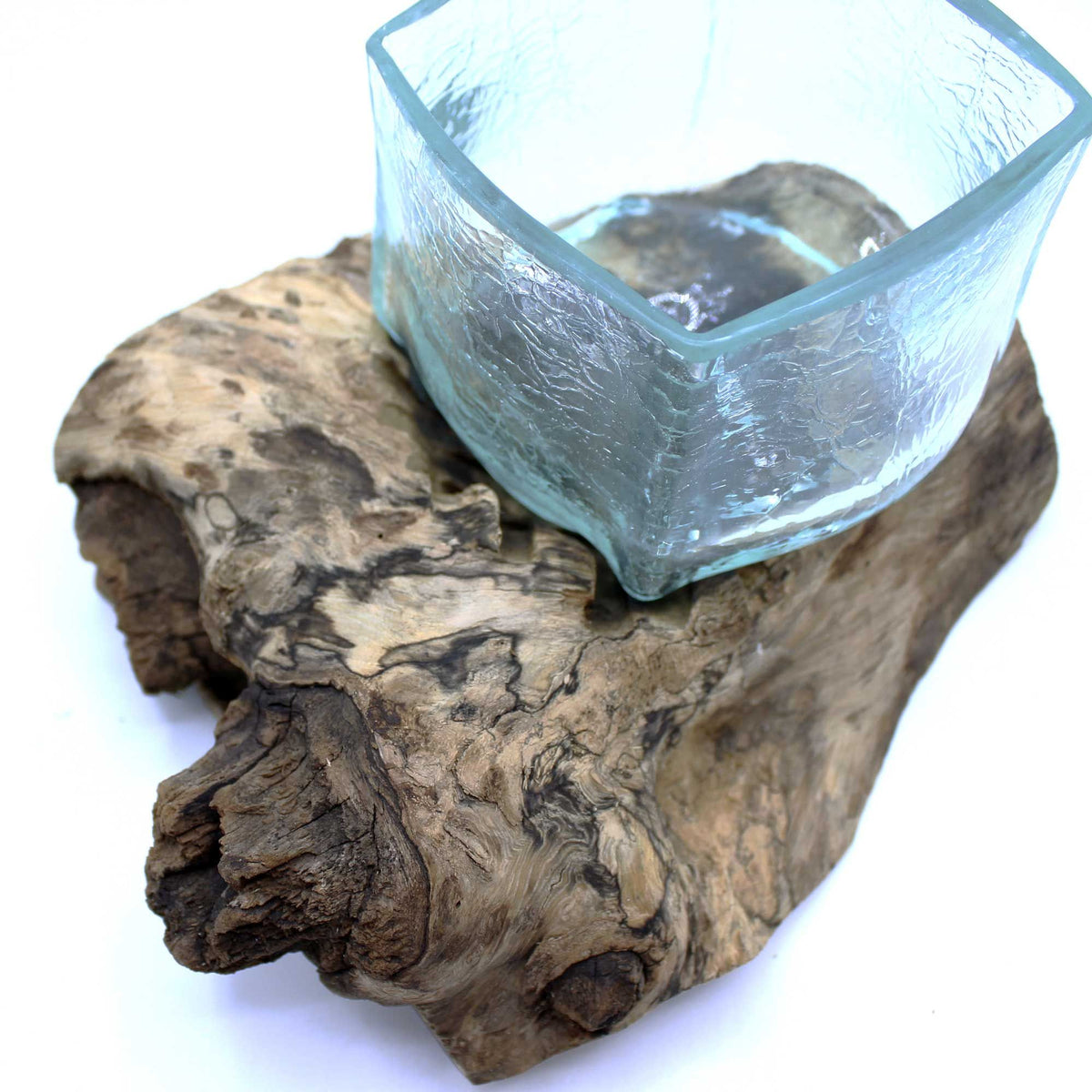 Molten Crackle Glass Vessel on Gamal Wood Base, Handblown Glass, showing the distinctive design – molten glass home decor product image 1