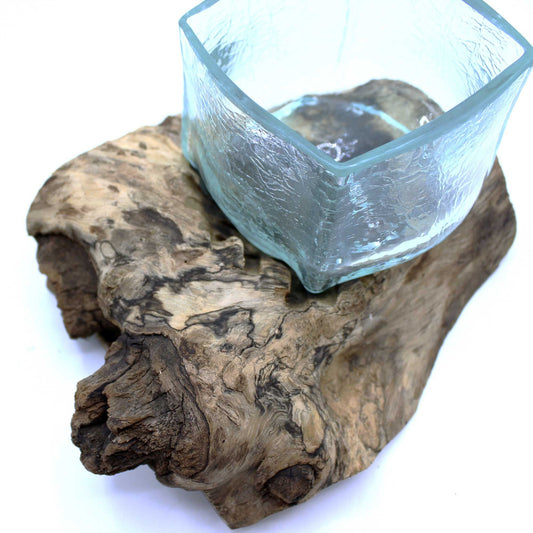 Molten Crackle Glass Vessel on Gamal Wood Base, Handblown Glass, showing the distinctive design – molten glass home decor product image 1