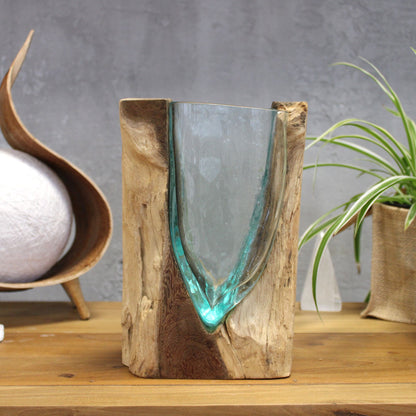Molten Glass V-Shaped Art Vase on Natural Wood Base, Handblown, showing the distinctive design – molten glass home decor product image 2